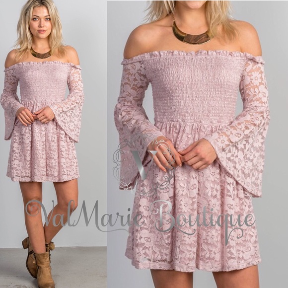 ValMarie Dresses & Skirts - OFF SHOULDER MAUVE LACE DRESS